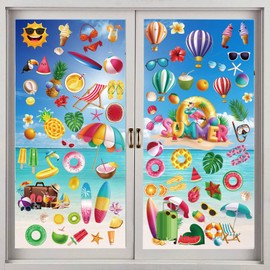 Summer Window Clings for Glass Windows – 100 PCS Removable & Reusable Seasonal Window Stickers, Vibrant Beach/Tropical Designs for Home, Office, Party Decor (Sun, Palm, Flamingo, Watermelon)