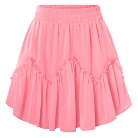 Pleated Skirts for Women Summer Pink Mini Skirt Casual Boho Ruffle Short Skirt with Pockets Pink M