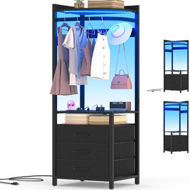 Cyclysio Corner Clothes Rack, 70'' Tall Corner Closet with Power Outlets & LED Lights, 4 Tier Garment Rack with 3 Drawers & 4 Hooks, Small Clothing Rack with Hanging Rack for Small Spaces, Black