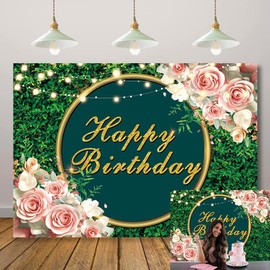 Greenery Happy Birthday Backdrop Green Leaves Flowers Lights Photography Background 30th 40th 50th Adult Birthday Baby Shower Party Decorations Photo Banner (7x5FT（210x150cm）)