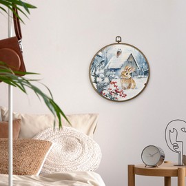 MAQIKA Christmas Winter Rabbit Framed Wall Art Decor, Bunny Wall Art,Winter Wall Art, Christmas Bunny Round Wall Hanging Decor, Winter Rabbit Canvas Wall Art for Bedroom Woodland Decor, 10x10 Inch