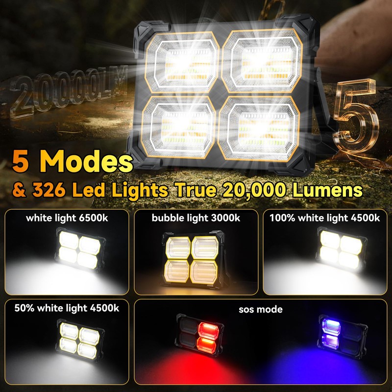 200W Led Work Light Rechargeable,20000MAh Solar Portable Light, 20000LM Magnetic