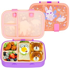 PinkSheep Bento Lunch Boxes for Kids, 800ml BPA-Free Leak-Proof Children Food Containers with 3 Compartments (Rabbit)
