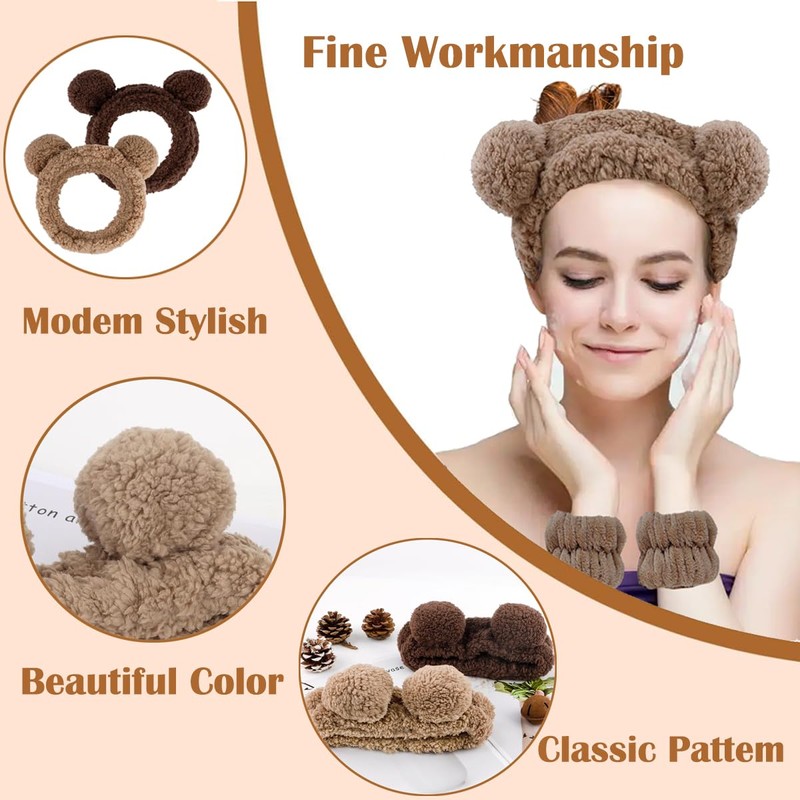 LINSHDA Bear Face Wash Headband & Wristband Set - Cute