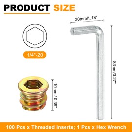 uxcell 100 Pcs Threaded Insert for Wood, 1/4" - 20 Carbon Steel Threaded Studs Hex Socket Drive Nut Inserts Screw in Nut Fastener Connector with Hex Wrench 10mm Length for Home, Gold