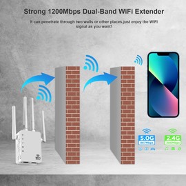 WiFi Extender Signal Booster, 5G WiFi Booster with 1200Mbps Dual Band (2.4&5GHz), WiFi Repeater (10000sq.ft for 55+ Devices), WPS 1-Tap Setup,4 Antennas 360° Full Coverage with 2 Ethernet Port