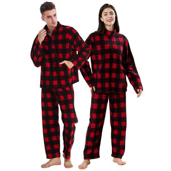 Dodheah Unisex Christmas Pajamas Set Check Sleepwear Half Zipper Pullover