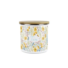 Purely Home Daisies Floral Tea Storage Canister - Flowers Design Metal Enamel Medium Sized Food Storage Container