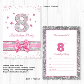 Olivia Samuel 20 x 8th Birthday Party Invitations from Pink Sparkly Design and Photo Effect Silver Glitter - A6 Postcard Size with envelopes