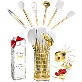 Styled Settings White and Gold Kitchen Utensils Set - 15-Piece BPA free, Non-Scratch, White and Gold Utensils Set Includes White Silicone Cooking Utensils and White and Gold Measuring Cups and Spoons