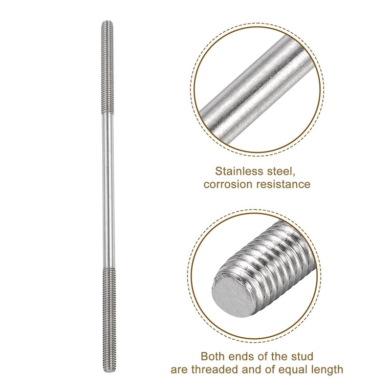 sourcing map 20Pcs M6x160mm 304 Stainless Steel Double End Threaded