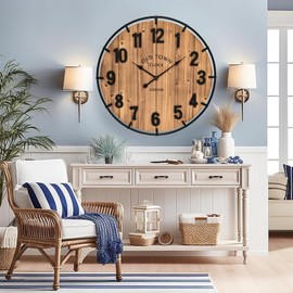 EMAX HOME Large Old Town Farmhouse Wall Clock 30 Inches Rustic Antique Wood with Metal Circle and Large Numerals Silent Battery Operated Wall Clock for Office Kitchen Bedroom Living Room
