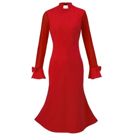 Mambabacosp Trumpet Long Sleeve Mesh Church Dress Clergy Tab Insert Collar Priestess Dress Red