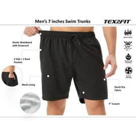 TEX2FIT Men's 7 Inch Swim Shorts with Mesh Liner, 2-Pack Classic Solid Color Swim Trunks with Pockets 7” Inseam (Black/Red, Large)