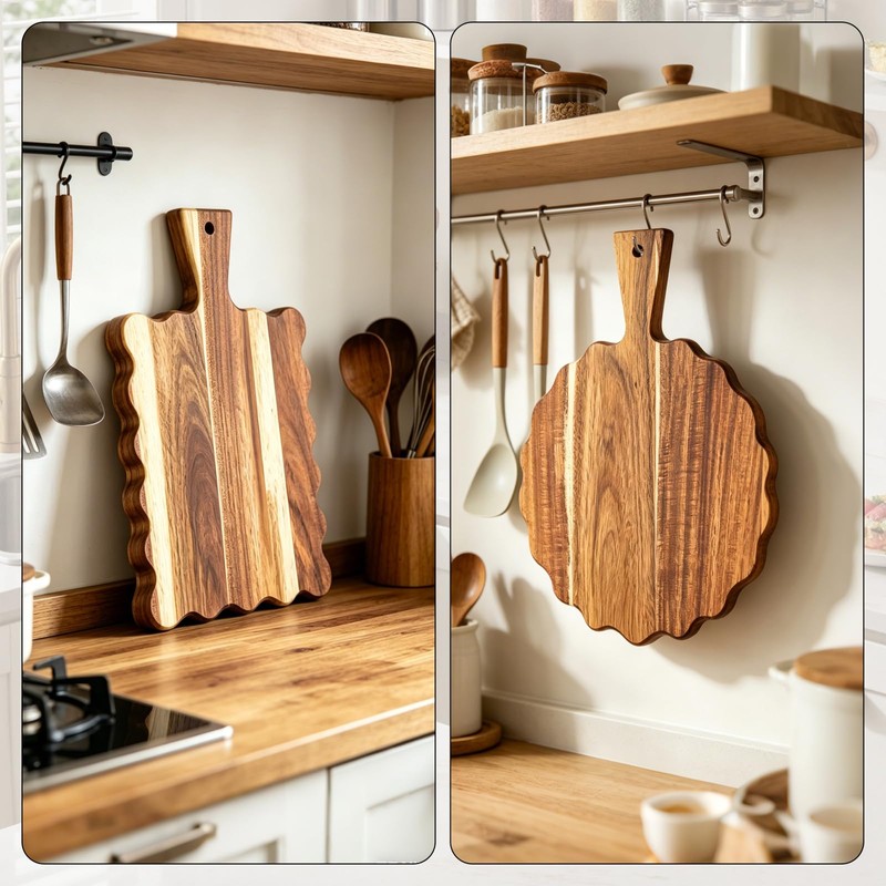 2Pcs Acacia Wood Scalloped Cutting Board with Handle Wooden Chopping