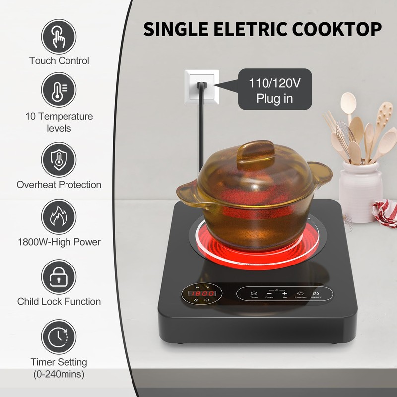 VBGK Single Burner Electric Cooktop,110V 1800W Electric Stove Top with