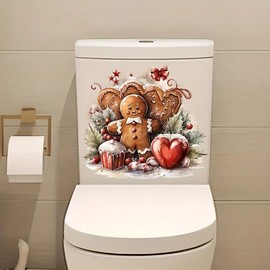 Christmas Dessert Gingerbread Man Toilet Cover Sticker Decals,Fish Bird Flower Leaf Waterproof Toilet Lid Tank Seat Decals Cistern Self-Adhesive Bathroom Wall Sticker