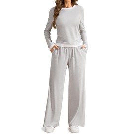 SHESHOW Matching Lounge Sets for Women Color Block Tops and Wide Leg Pants Soft Comfy Womens Loungewear 2 Piece Outfits Heather Grey XS