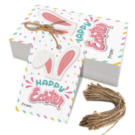 Happy Easter Bunny Gift Tags, 50 Pcs Easter Rabbit Hanging Gift Tags Labels with String for Easter Party Decoration (HAPPY EASTER)