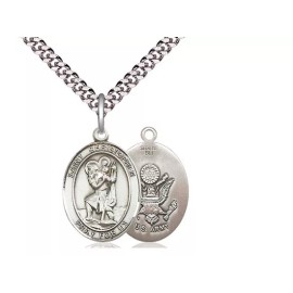 Bliss Sterling Silver Saint Christopher Army Medal Pendant Necklace 24" Chain Gift