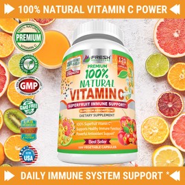Fresh Healthcare 100% Natural Vitamin C - 500mg from Rose HIPS, Acerola Cherry & Camu Camu - High Absorption Immune Support, Skin, Joint & Collagen Booster with Citrus Biflavonoids - 120 Capsules