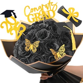 Waipfaru 2025 Graduation Gifts for Her, Glitter Roses Bouquet for Graduation, DIY Fake Flowers Bouquet with Graduation Stand-Up Signs, 36 Blcak Roses, for High School/College/Middle School Grads