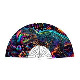 Neva Nude Rave Folding Hand Fan - UV Blacklight Reactive Handheld Fan with Drawstring Case | Perfect for Summer Festivals, Raves, Carnivals, & Concerts | Made in USA (Neosauraus DInosaur TRex)
