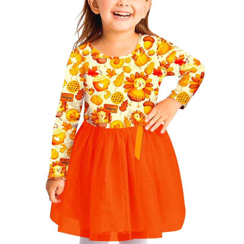Girls Pumpkin Tulle Dress Thanksgiving Party Ruffled Swing Dresses Pilgrim