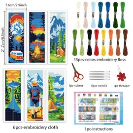 INFUNLY 6pcs Camping Theme DIY Cross Stitch Bookmark Kits for Beginner Mountain View Stamped Embroidery Kits with Instruction Tourist Scenery Printed Bookmark Kit for Traveller Book Readers Writers