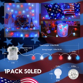 YOUNGAR Patriotic Globe String Lights, 4th of July Decor,50 LED 19.4FT Red White Blue Lights Indoor,Battery Powered 8 Modes Clear Wire Fairy Waterproof for Independence Day American Flag Holiday
