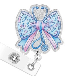 Labor and Delivery Bow Badge Reel, Cute Bow Stethoscope Retractable ID Card Badge Holder, Name Tag Work Badge Clip for OBGYN Obstetricians Midwife, Gifts for Nursing Students