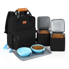 Dog Travel Bag, 25L Airline Approved Dog Travel Backpack for Pet Travel Accessories with 2 Food Storage Containers, 2 Foldable Bowls for Short Trips, Black