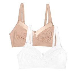 Fruit of the Loom Women's Seamed Soft Cup Wirefree Cotton Bra with Satin Trim, Sand/White, 36C