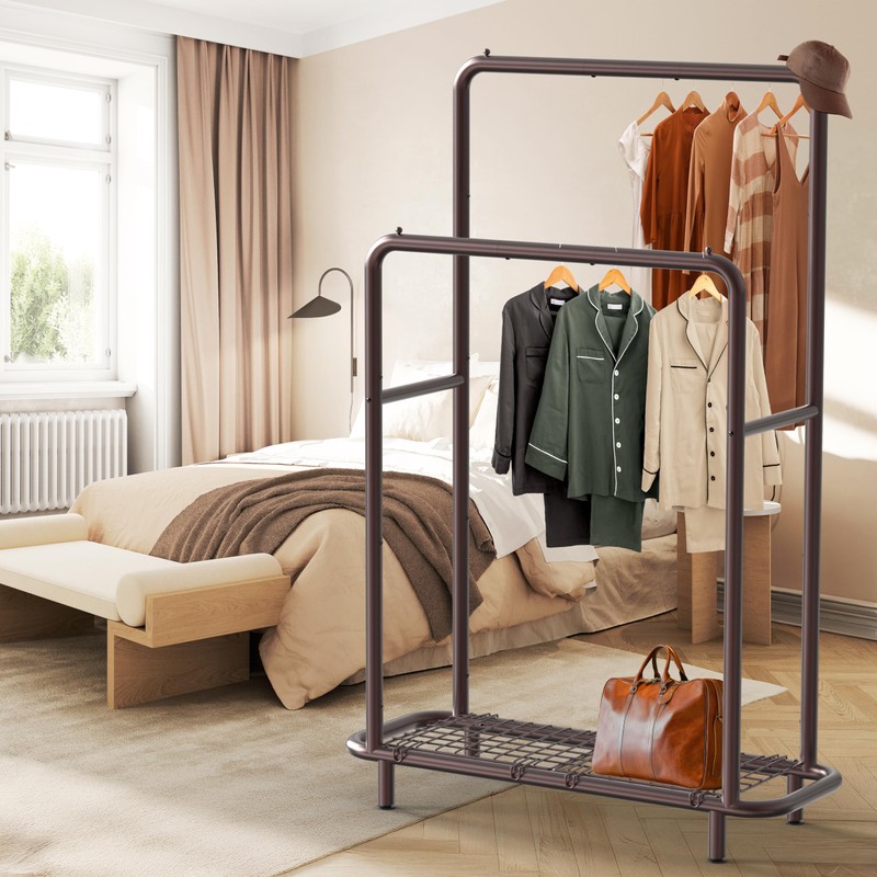 Simple Houseware Double Rod Clothing Garment Rack with Bottom Shelves,