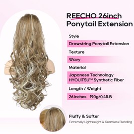REECHO Ponytail Extension, 26 Inch Drawstring Ponytail Extension Long Curly Wavy Pony Tails Hair Extensions Synthetic Clip in Ponytail Hairpiece for Women Daily, Medium Brown Dark Blonde Highlights