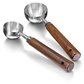 Modixun 2Pcs Coffee Scoop for Ground Coffee - 1 Tbsp (15ml) & 2 Tbsp (30ml) Tablespoon Scoop, 304 Stainless Steel Coffee Measuring Spoon with Long Walnut Wood Handle, Silver