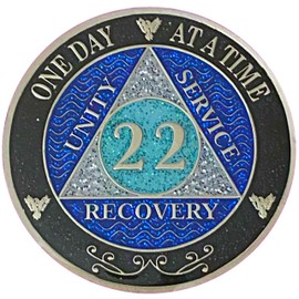 (Years 1-50) 22 Year AA Recovery Silver Color Plated Glitter Medallion, Black Rainbow, Blue, Silver Glitter Coin, Epoxy Covered (AA 22 Year Glitter Medallion)