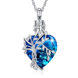 QGJNSGC Heart Tree of Life Urn Necklace for Ashes Cremation Jewellery with Crystal w/ Funnel Filler Memorial Jewellery Gifts for Women Girls, Stainless Steel