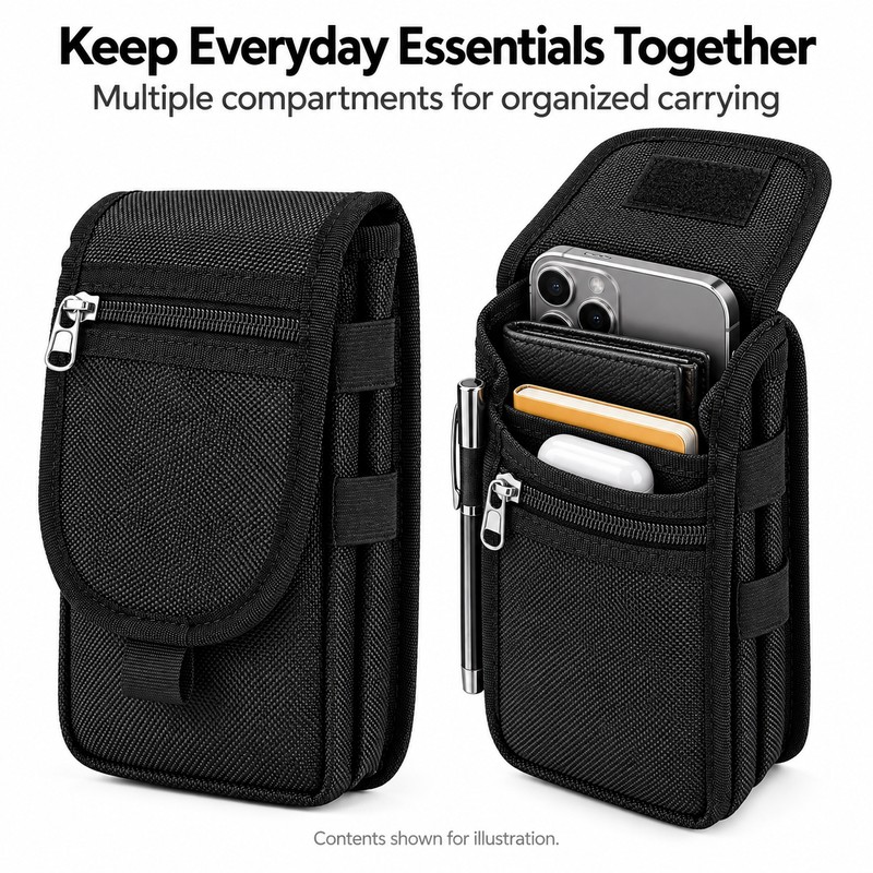 Phone Belt Pouch – Nylon Multi-Pocket Holder for Hands-Free Travel,