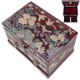 February Mountain Korean Mother of Pearl Jewelry Box – 2-Drawer Keepsake Box with Mirror, Traditional Oriental Trinket Organizer – Gift for Women, Mom, Wife, Anniversary (Floral Peony - Red)