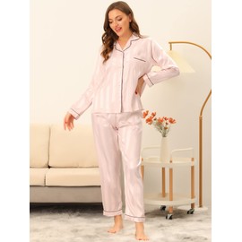 cheibear Womens Satin Pajamas Stripe Lounge Nightshirt Button Down Tops with Pants Pj Sets Light Pink XS