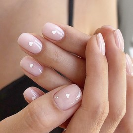 24Pcs Heart Press on Nails Short Valentines Fake Nails Full Cover Nude Pink Acrylic Nails Cute Artificial Glue on Nails Square False Nails for Women Girls Holiday Stick on Nails Decoration