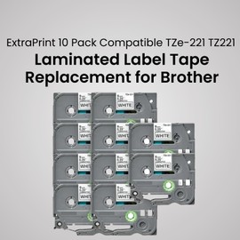 ExtraPrint 10 Pack Compatible TZe-221 TZ221 Laminated Label Tape Replacement for Brother P-Touch PT1090 PT1280DT PT1400 PT1830 PT2300 PTE550WVP PTD800W PTP300BT Black on White 9mm x 8m