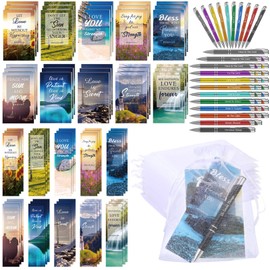 120 Pcs Bible Gifts Set Include 30 Bible Verses Bookmarks Christian Book Markers 30 Scripture Ballpoint Pens 30 Christian Notebooks 30 White Organza Bags for Women Men School Office Church (Modern)