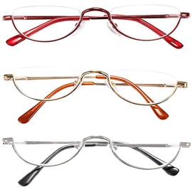 REAVEE 3 Pack Half Frame Retro Designer Alloy Reading Glasses for Women Men Spring Hinge Half Moon Readers Stylish Slim Eyeglasses with Pouch, Red Gold Silver 4.0