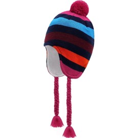 JANGANNSA Winter Peruvian Hat Earflap Fleece Lined Pompom Knit Hat Beanie for 3-10T Baby Girls, Multicoloured stripes