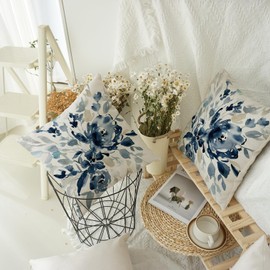 WCYYWGO Spring Throw Pillows Blue Painted Flowers Pillow Cover Sofa Cushion Cover 18x18 Set of 2 Linen Farmhouse Decor Home Decor Pillowcase Indoor Outdoor Sofa Chair Back Pillow Cover