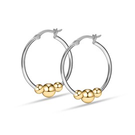 LeCalla 14K Gold-Plated 925 Sterling Silver Light-Weight Round Two-Tone Earring Hoops Jewelry Bead Ball Hoop Earrings for Women