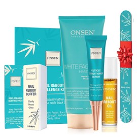 Onsen Secret Ultimate Nail Reboot Kit - Professional Nail File and Buffer, 3-Way Block w/Replacement Pads, Nail Strengthening Cuticle Cream, Reboot Oil & Anti Aging Hand Lotion