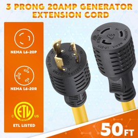 Tellegloww 50ft L6-20 Generator Extension Cord Compatible with NEMA L6-20P Male Plug to L6-20R Female Receptacle 3 Prong 20 Amp Locking Power Cord, STW 12 AWG/3C,250 Volt 5000 Watts, ETL Listed